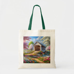 Colourful spring/floral covered bridge & river tote bag