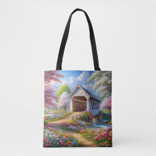 Colourful spring/floral covered bridge & river tote bag
