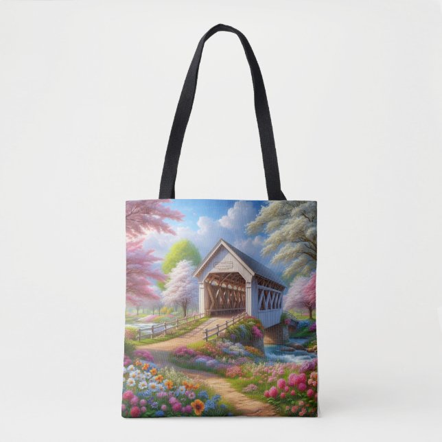 Colourful spring/floral covered bridge & river tote bag (Front)
