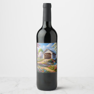 Colourful spring/floral covered bridge & river wine label
