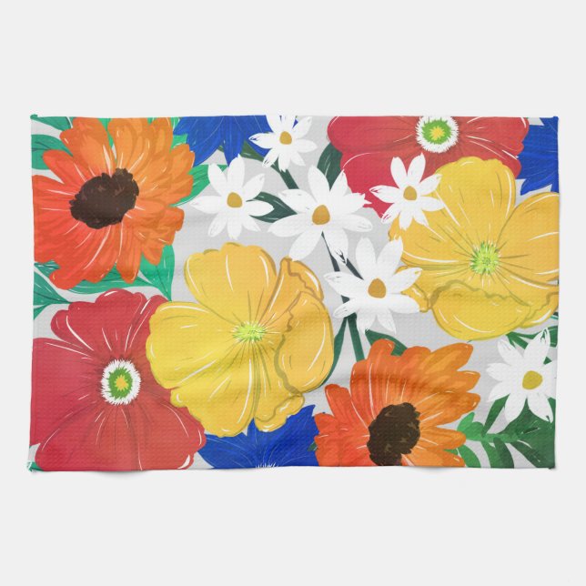 Colourful Spring Floral Hand Paint Girly Design Tea Towel (Horizontal)