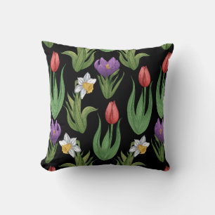 Colourful Spring Floral Illustration on Black Cushion