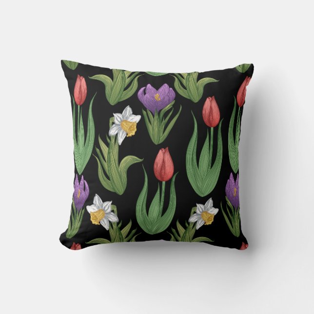 Colourful Spring Floral Illustration on Black Cushion (Front)