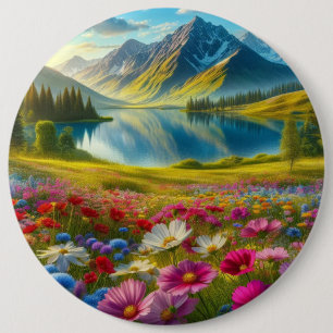 Colourful spring/floral mountain lake 6 cm round badge