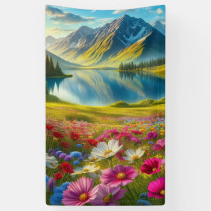 Colourful spring/floral mountain lake banner