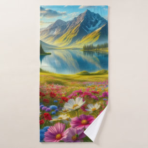 Colourful spring/floral mountain lake bath towel