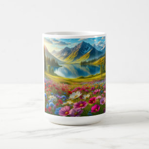 Colourful spring/floral mountain lake coffee mug
