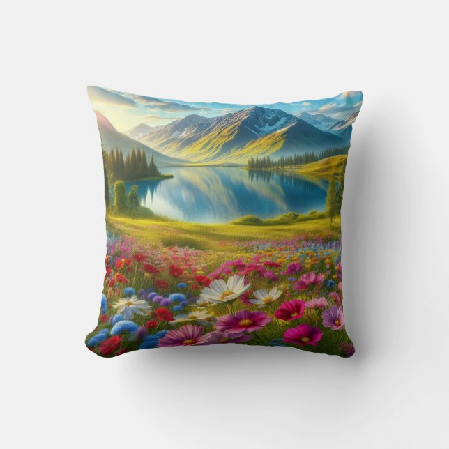 Colourful spring/floral mountain lake cushion (Front)