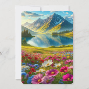 Colourful spring/floral mountain lake holiday card