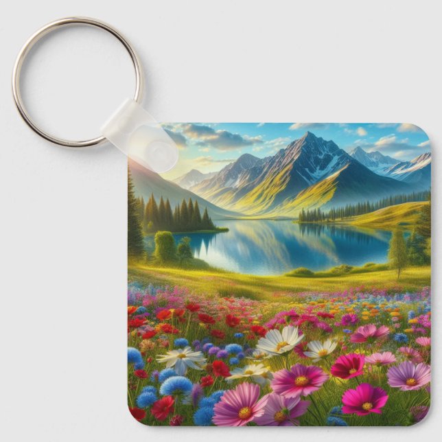 Colourful spring/floral mountain lake key ring (Front)