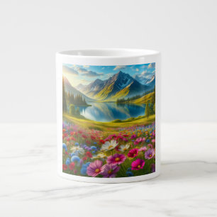 Colourful spring/floral mountain lake large coffee mug