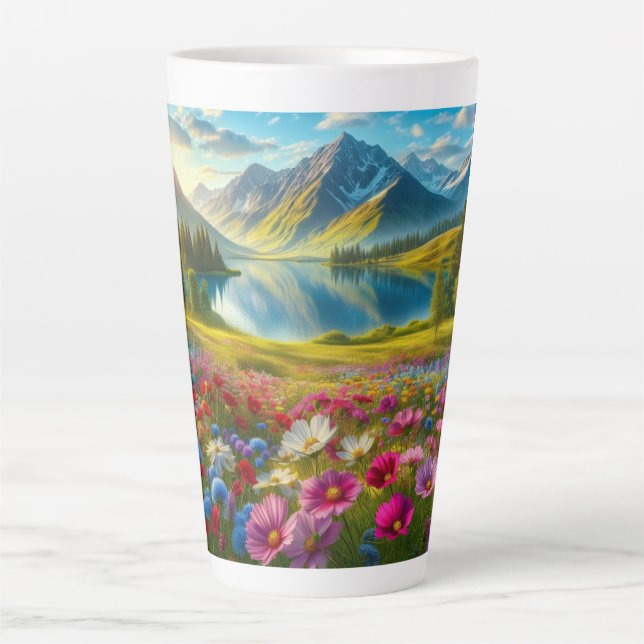 Colourful spring/floral mountain lake latte mug (Front)
