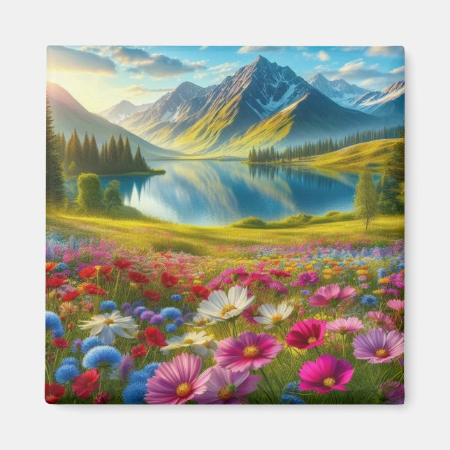 Colourful spring/floral mountain lake magnet (Front)