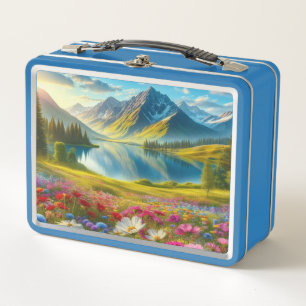 Colourful spring/floral mountain lake metal lunch box