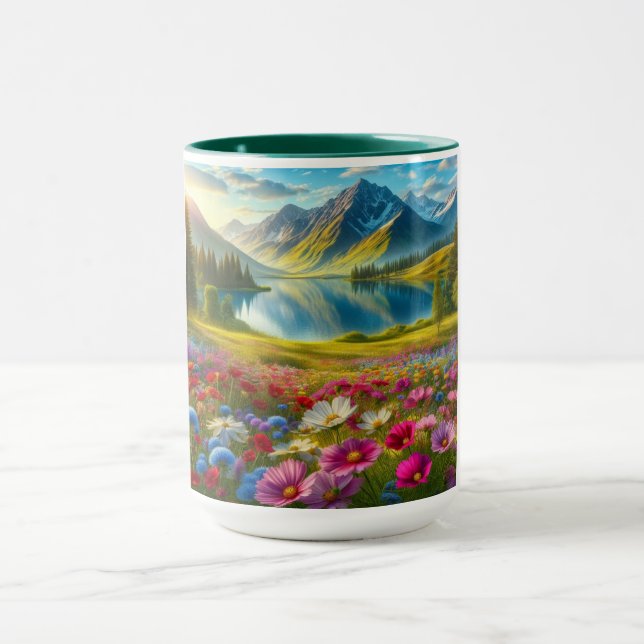 Colourful spring/floral mountain lake mug (Center)