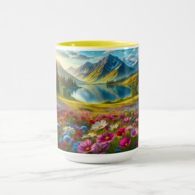Colourful spring/floral mountain lake mug (Center)
