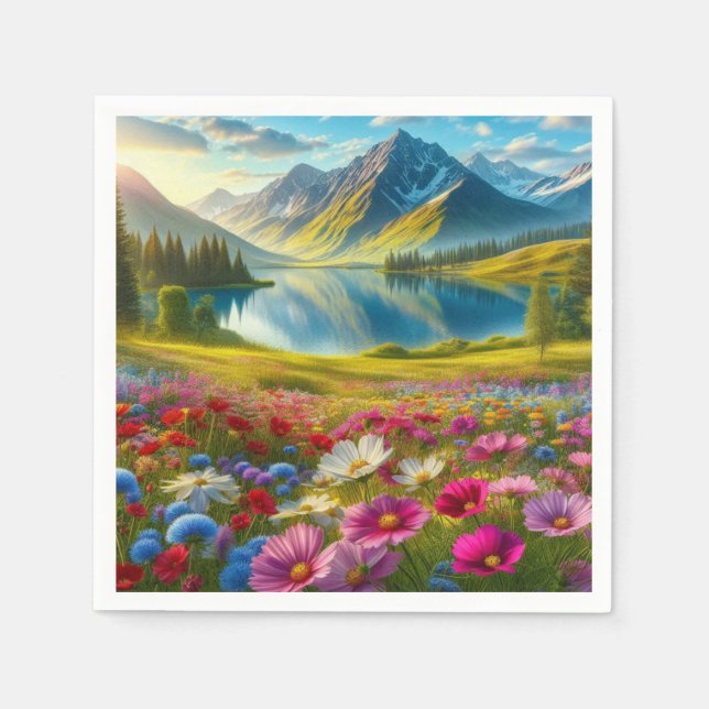 Colourful spring/floral mountain lake napkin (Front)