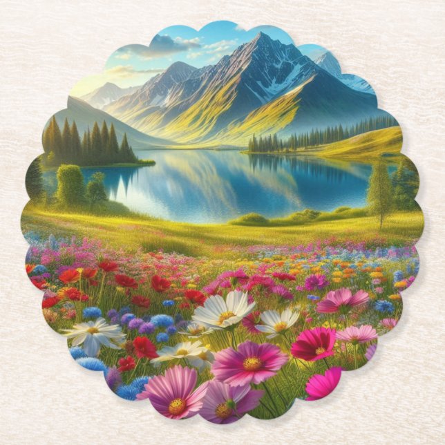 Colourful spring/floral mountain lake paper coaster (Front)