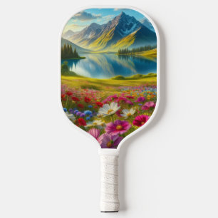 Colourful spring/floral mountain lake pickleball paddle