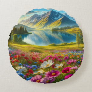 Colourful spring/floral mountain lake round cushion