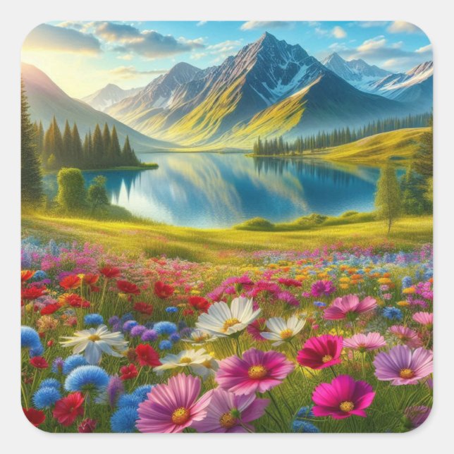Colourful spring/floral mountain lake square sticker (Front)