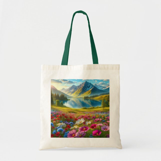 Colourful spring/floral mountain lake tote bag (Front)