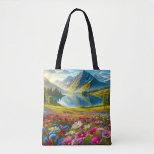 Colourful spring/floral mountain lake tote bag