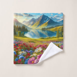 Colourful spring/floral mountain lake wash cloth