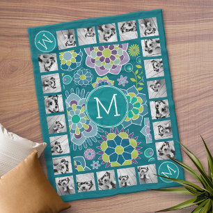 Colourful Spring Floral Pattern Custom Monogram Fleece Blanket