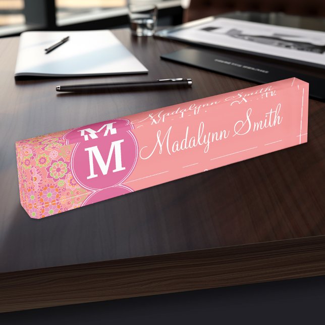 Colourful Spring Floral Pattern Custom Monogram Nameplate (Personalized Name Plate for the Office, School or Home)