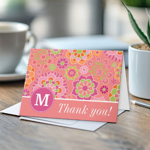 Colourful Spring Floral Pattern Custom Monogram Thank You Card