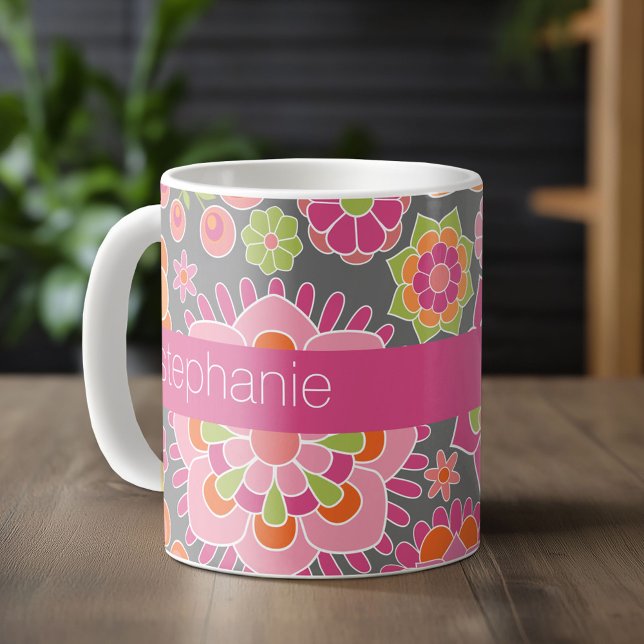 Colourful Spring Floral Pattern Custom Name Coffee Mug (Custom Monogram Mug)