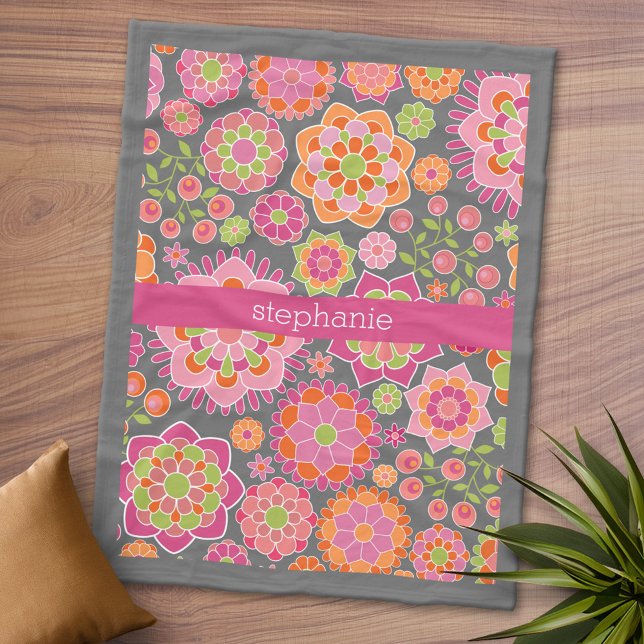 Colourful Spring Floral Pattern Custom Name Fleece Blanket (Personalized Fleece Blanket - Add Photos and Text)