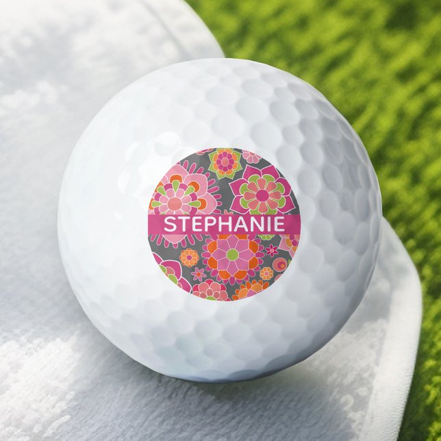 Colourful Spring Floral Pattern Custom Name Golf Balls (Personalized Golf Ball - Add Your Name)