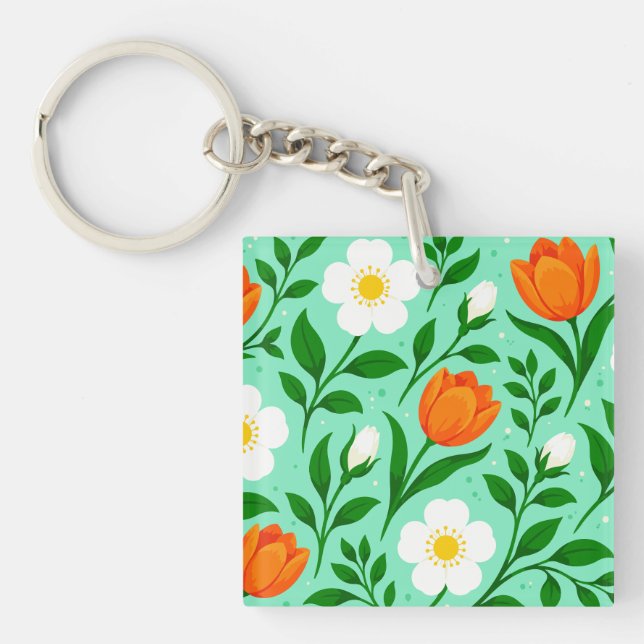 Colourful Spring Floral Seamless Pattern Key Ring (Front)