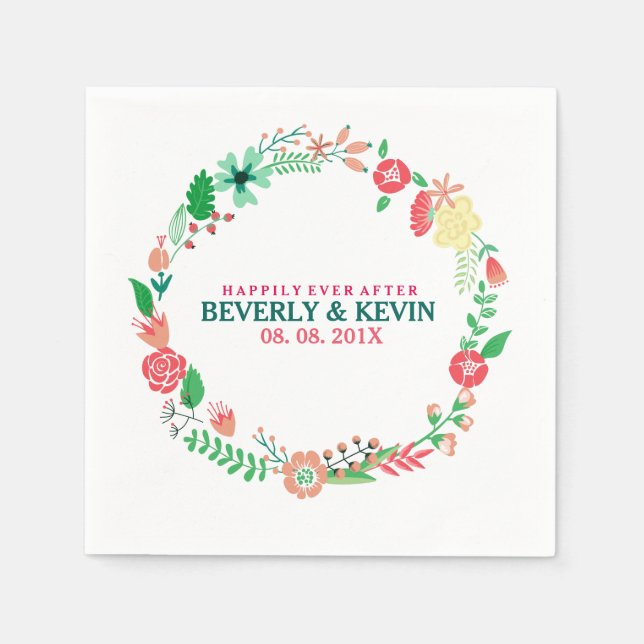 Colourful Spring Floral Wedding Wreath Napkin (Front)