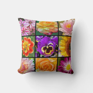 Colourful spring flower collage pillow