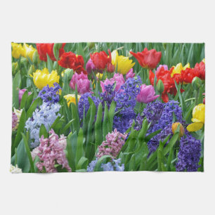 Colourful spring flower garden tea towel