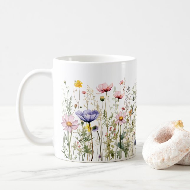 Colourful Spring Flower Watercolor Pattern Coffee Mug (With Donut)