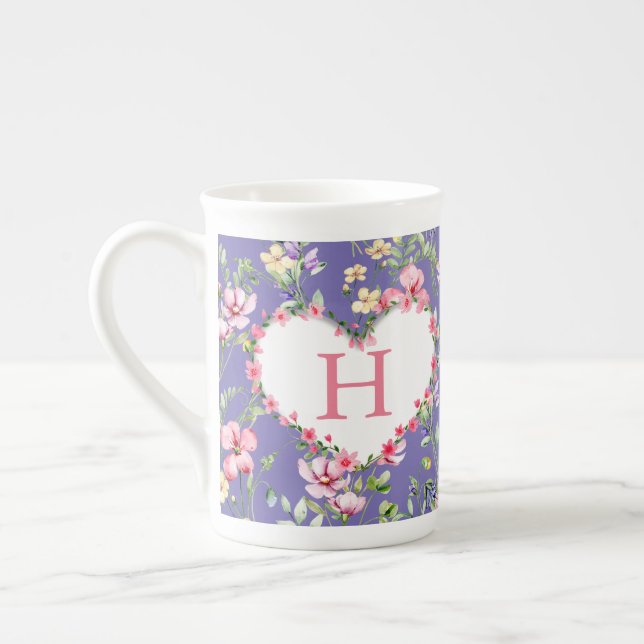 Colourful Spring Flower Watercolor Pattern Monogra Bone China Mug (Left)