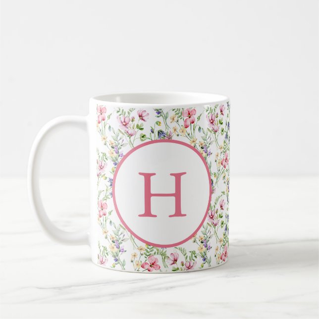 Colourful Spring Flower Watercolor Pattern Monogra Coffee Mug (Left)