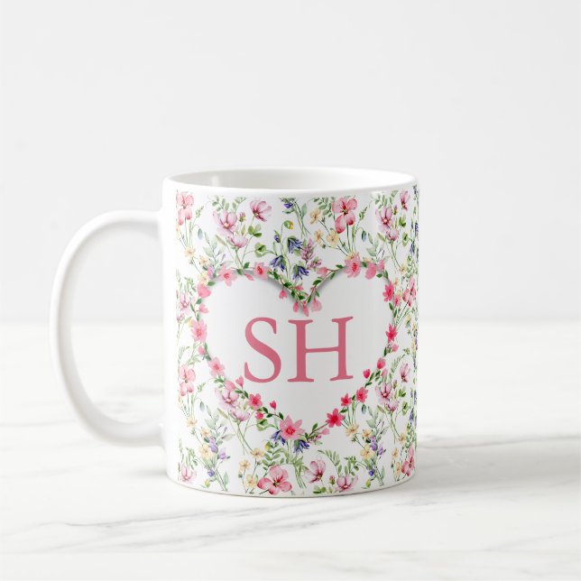 Colourful Spring Flower Watercolor Pattern Monogra Coffee Mug (Left)