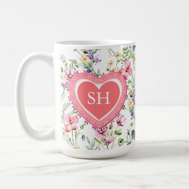 Colourful Spring Flower Watercolor Pattern Monogra Coffee Mug (Left)