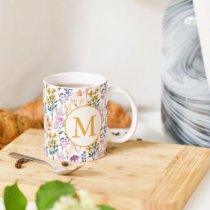 Colourful Spring Flower Watercolor Pattern Monogra Coffee Mug