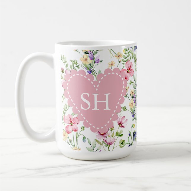 Colourful Spring Flower Watercolor Pattern Monogra Coffee Mug (Left)