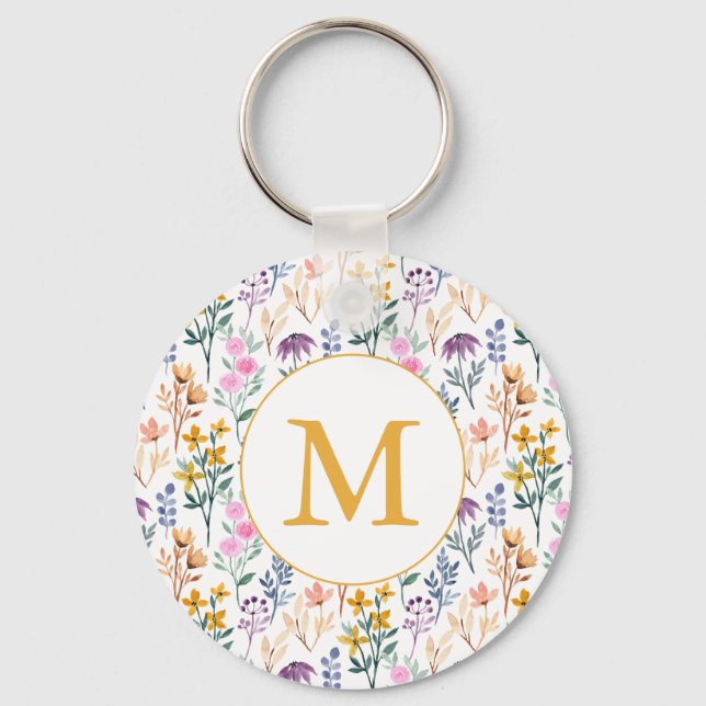 Colourful Spring Flower Watercolor Pattern Monogra Key Ring (Front)