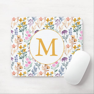 Colourful Spring Flower Watercolor Pattern Monogra Mouse Pad