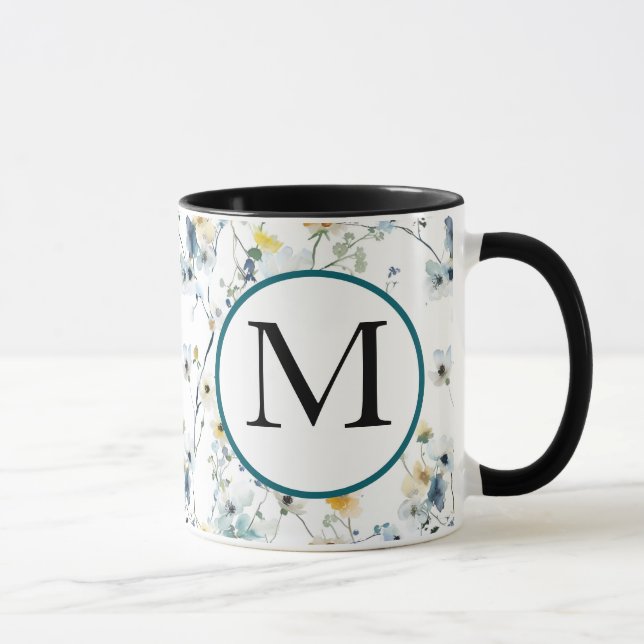 Colourful Spring Flower Watercolor Pattern Monogra Mug (Right)