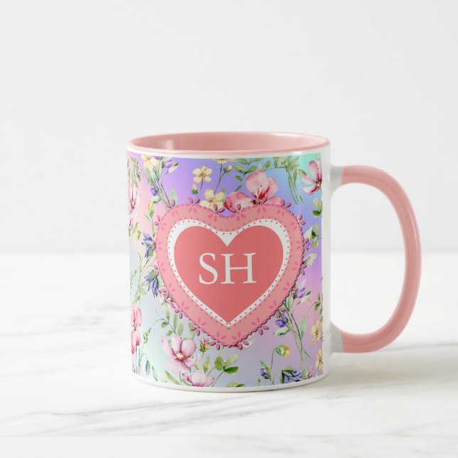 Colourful Spring Flower Watercolor Pattern Monogra Mug (Right)