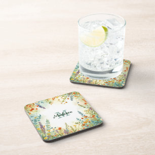 Colourful Spring Flower Wildflower Bouquet Monogra Coaster